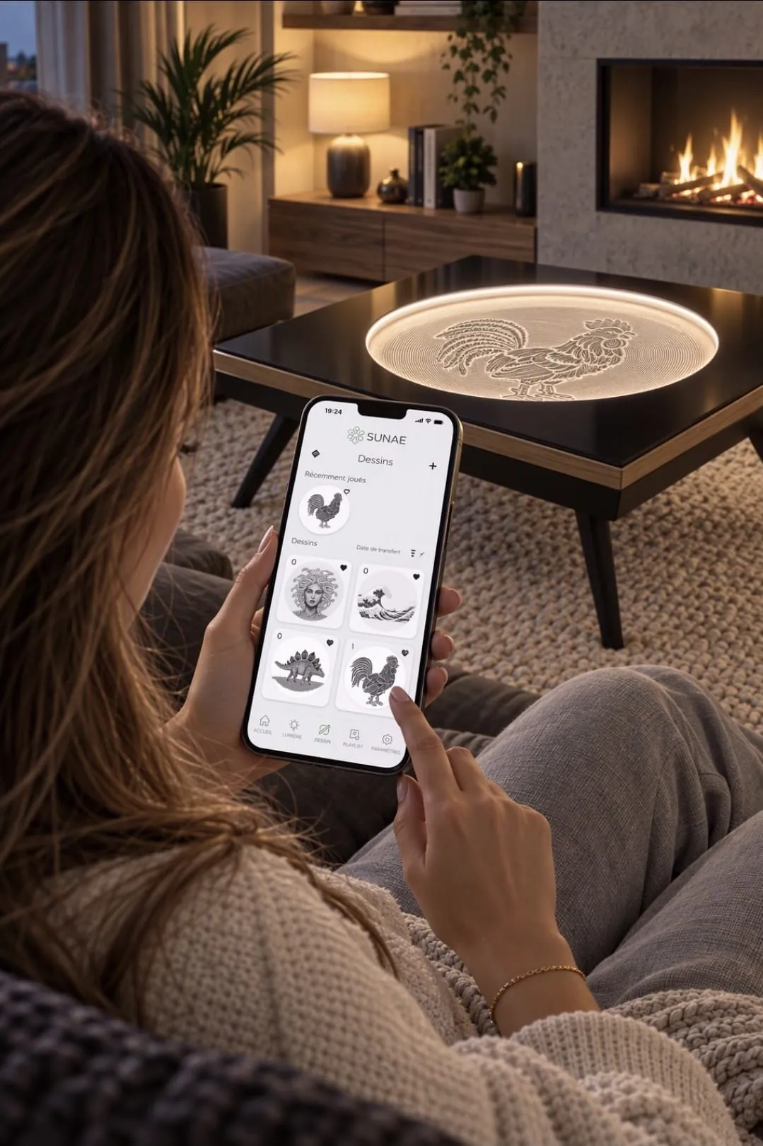 Une femme pilote sa table Sunae depuis son canapé avec l’application